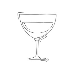 Vermouth wineglass on white background. Cartoon sketch graphic design. Doodle style. Black and white hand drawn image. Alcohol drink concept for restaurant, cafe, party. Freehand drawing style