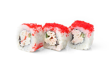 Sushi rolls with white fish, cucumber and tobiko caviar isolated on white background.