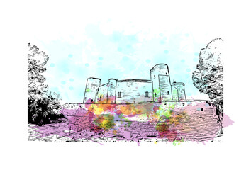 Building view with landmark of Palma is a resort city and capital of the Spain. Watercolour splash with hand drawn sketch illustration in vector. © dhanu3182