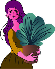 girl with plant and pot, cute lady holding flowerpot