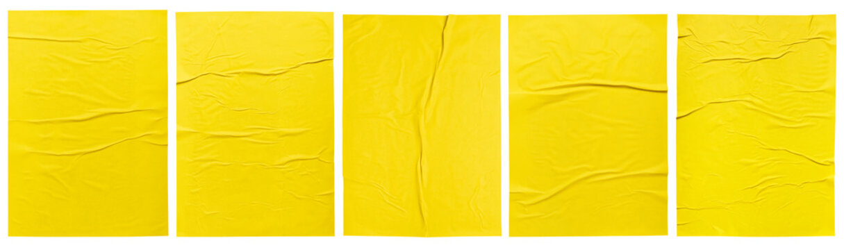 Yellow paper wrinkled poster template , blank glued creased paper sheet mockup.white poster mockup on wall. empty paper mockup.