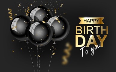 Happy birthday vector illustration Golden foil confetti and blackr balloons.