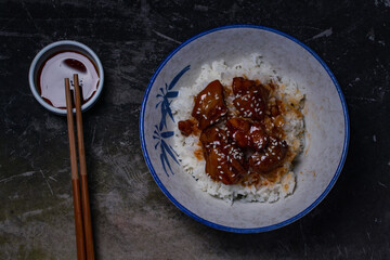 Japanese Oriental Cusine; Rice with teriyaki chicken grilled or teriyaki don in Japanese style Dark tones.