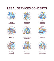 Legal services concept icons set. Access to education. Bankruptcy assistance. Civil rights protection idea thin line RGB color illustrations. Vector isolated outline drawings. Editable stroke
