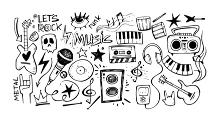 vector doodle illustration music and rock and roll. musical instruments