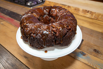 A delicious chocolate monkey bread on a wooden kitchen table