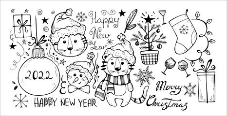 vector doodle illustration christmas and new year. year of the tiger. holiday postcard. lettering