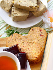 Sweet natural fruit tea cookies on a wooden background. Homemade baking. Healthy eating concept