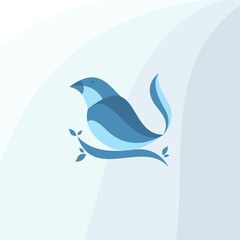 Modern Flat Blue Bird Standing On A Branch Papercut Style Illustration