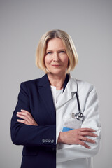 Concept Portrait Of Woman Showing Contrasting Day And Night Job Roles In Business And As Doctor