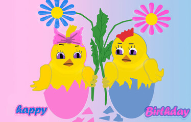Happy birthday twins greeting card with two chickens. 