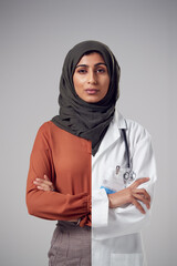Concept Portrait Of Woman In Headscarf Showing Contrasting Day And Night Job Roles In Business And...