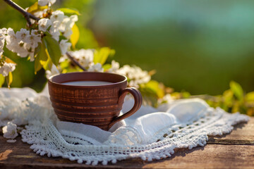 Pottery cup with milk (kefir, yogurt, sour cream, kumis), lace tablecloth, wooden table. Outdoor picnic, breakfast, brunch, refreshments. Soft focus