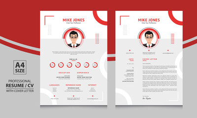 a4 size resume, cv template for job with cover letter layout in gray and red color