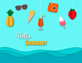 Hello summer composition with origami hanging on blue background. Paper art and craft style. 