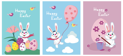 Fototapeta na wymiar The Easter bunny. A set of three greeting cards.