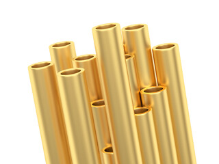 Heap of golden pipes on white. 3d illustration 
