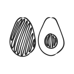 Avocado slice Vector hand drawn vector illustration. Tropical summer fruit engraved style. Detailed food drawing. Great for label, poster, print. Black isolated on white background