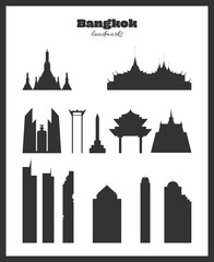 Bangkok landmarks. Black silhouettes on a white background. Vector  illustration. Each building is a separate object, straight lines are aligned by pixels.