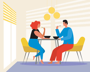 Family Dinner at Home, Flat Vector Stock Illustration with Couple in Kitchen or Young Man and Woman as Family and Home Dinner