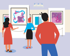 Group of people at a contemporary art exhibition, flat vector stock illustration as a concept of abstract paintings in an art gallery or museum
