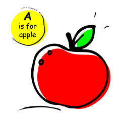 Red apple hand drawn vector llustration sketch. Doodle. Concept for kids children alphabet print, clothes, learning material, alphabet, wrapping paper. Design for poster, kitchen textiles