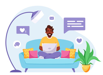 Black man sitting on a sofa and working on laptop. Freelancer, home office  concept. Vector illustration