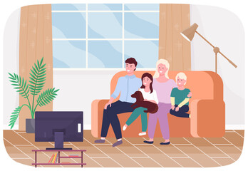 Happy parents and children are communicating and watching television at couch in living room