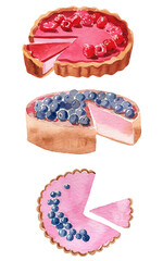 Watercolor illustration set berry delicious cakes