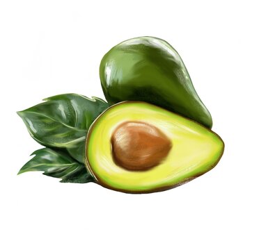 Green avocado on a white background. Half and whole avocado with leaves. Bitmap illustration, digital imitation of paint.