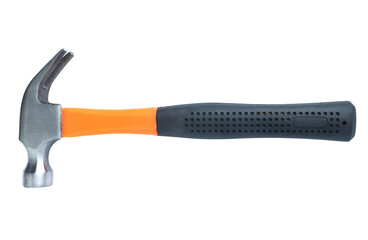 Close Up orange iron hammer with medium black rubber grip. It is a tool for nailing the roof. Isolated on white background. with clipping path.