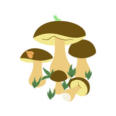 An outline jpeg illustration of mushrooms with a small warm and a tree leave on the caps surrounded with some grass isolated on white background. Designed in a classic style for adults and kids