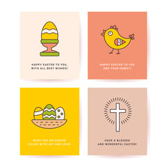 Easter Set of Postcards, Gift Tags, Web Banner Templates Drawn in a Linear style with a Stroke. Christian Symbol Cross with Rays, Egg on a Stand, Baby Chicken with Copyspase for Text