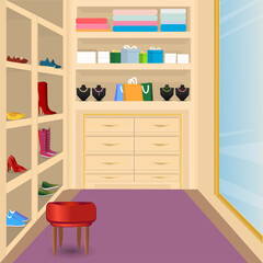 Wardrobe. Mirror. Shelf for things. Pantry. Room for trying on clothes. Concept for home or shop. Buying clothes and accessories. Online Store. Home delivery. Discount, coupon, sale. Vector. Cartoon.