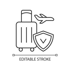 Travel insurance linear icon. Covering traveling costs. Reimbursement for flight cancellation. Thin line customizable illustration. Contour symbol. Vector isolated outline drawing. Editable stroke