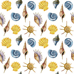  Seashells seamless pattern. Undersea hand drawn background.