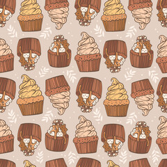 Cupcake decorated with cream and chocolate chips. Detailed outline drawing of dessert, holiday baking. Branches with leaves and dots. Vector illustration in vintage style. Design for textiles, print.