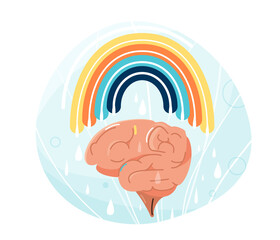 Mental health vector illustration. Human brain with rainbow over it. Balance positive vibes mind design, creative energy, joy emotion concept isolated on white background