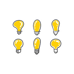 Light bulb doodle collection. Set of hand drawn electric lamp. Symbol of idea, innovation and solution.