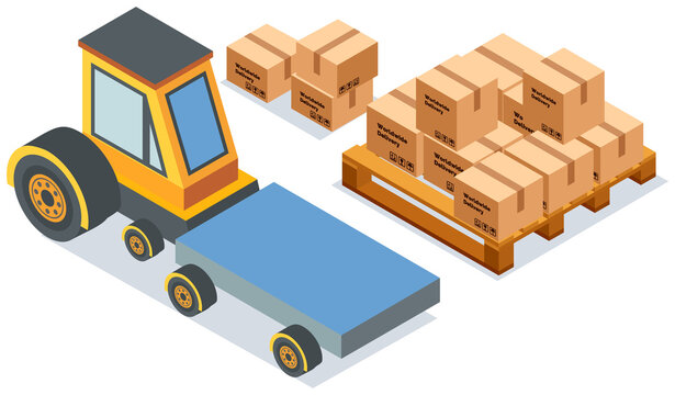 Forklift without driver vector illustration, carriage of cardboard boxes with gift inside