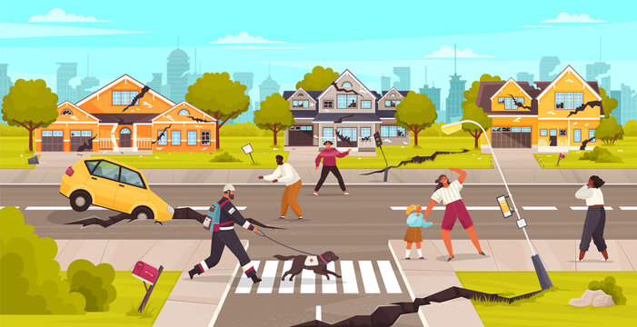 Damaged city street. Earthquake damage, cataclysm damages road destruction and destroyed urban crossroad