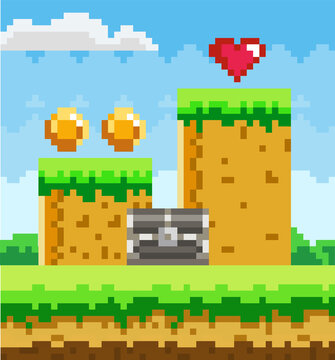 Pixel art game scene with green grass platform, metal chest on background of coins and heart