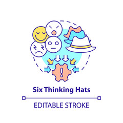 Six thinking hats concept icon. Method for evaluating. Find solution. Creative thinking. Problem solving idea thin line illustration. Vector isolated outline RGB color drawing. Editable stroke
