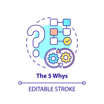The 5 whys concept icon. Strategy to find solution. Critical thinking. Ask question. Problem solving idea thin line illustration. Vector isolated outline RGB color drawing. Editable stroke