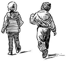 Sketch of casual little children walking outdoors