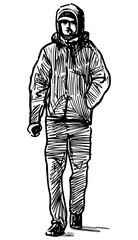Sketch of casual man in hood with smartphone walking outdoors