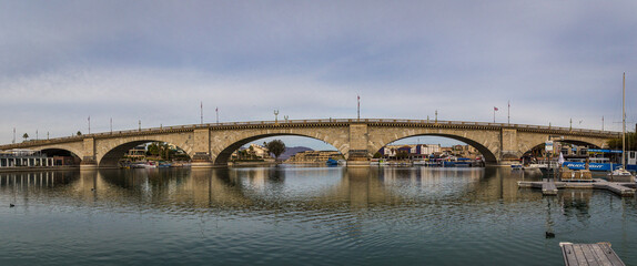 The world famous London Bridge located in Lake Havasu City AZ. This bridge was disassembled in London England and moved piece by piece to Lake Havasu City AZ.