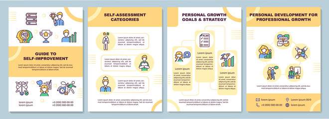 Guide to self-improvement brochure template. Assessment, strategy. Flyer, booklet, leaflet print, cover design with linear icons. Vector layouts for presentation, annual reports, advertisement pages