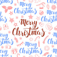 Lettering Merry Christmas seamless background with Christmas toys and Christmas decorations. The text is written by hand. New Year's seamless pattern.