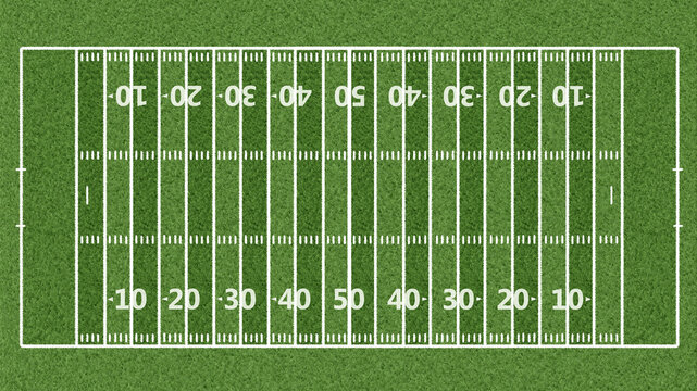 American football field with hash marks and yard lines. Grass textured.
